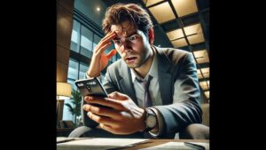 スマートフォンを操作しながら焦った表情を見せるビジネスパーソンの男性。アゴダの予約確認ができない状況を表現。