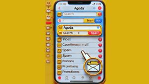 スマートフォンのメールアプリで「Agoda」と検索し、迷惑メールフォルダを含め、アゴダからのメールを探している画面。