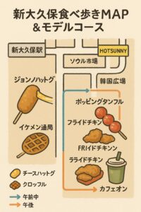  新大久保駅を起点に、イケメン通りやソウル市場などの主要スポットを巡る、おすすめの食べ歩きモデルコースを示した地図