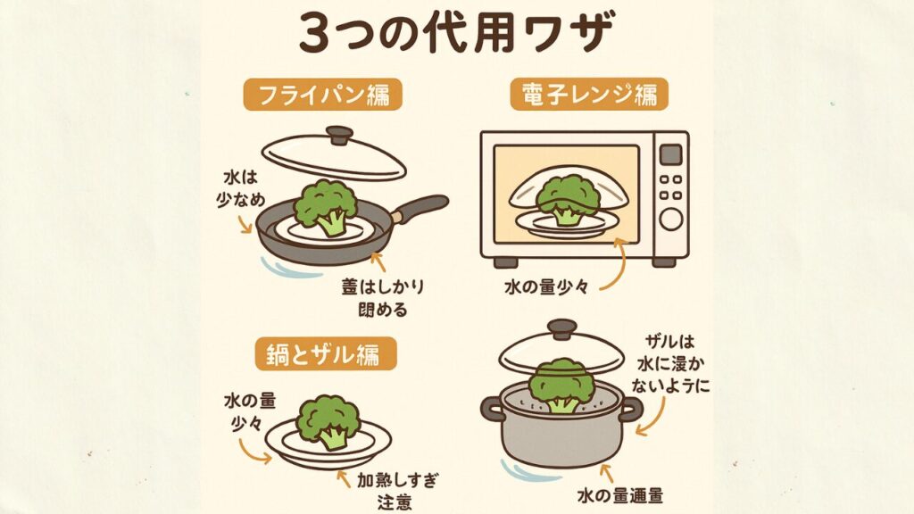フライパン、電子レンジ、鍋とザルを使った蒸し器なしの蒸し料理代用方法を解説するイラスト。