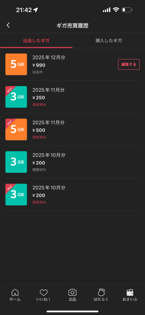 メルカリモバイル ギガが売れた値段と証拠画面