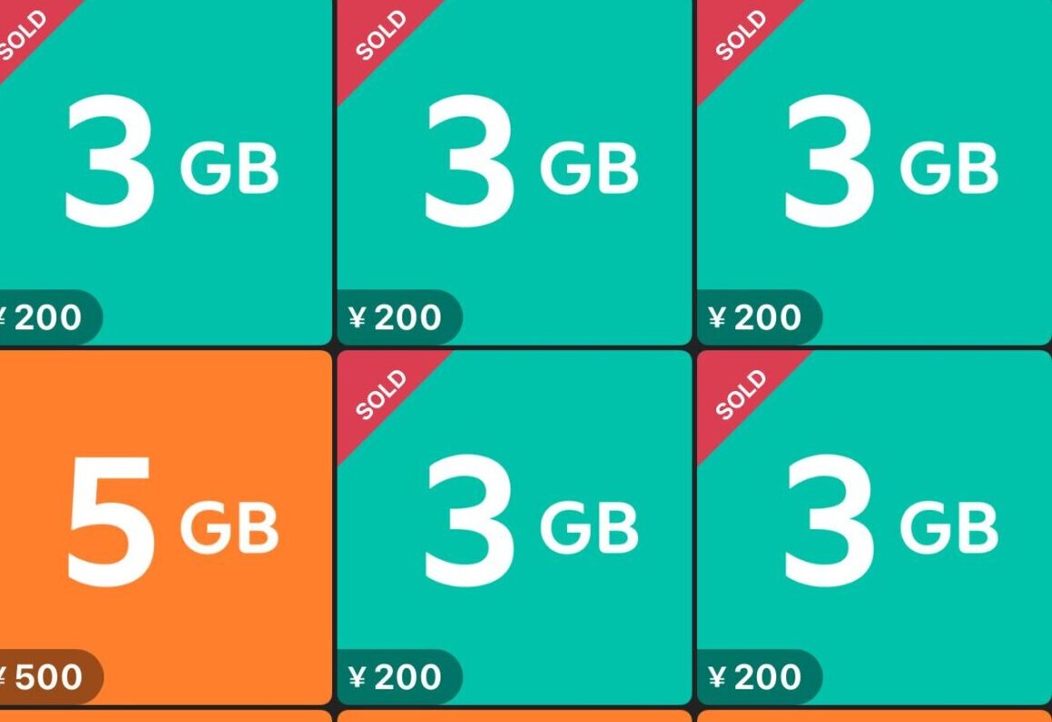 実際にメルカリモバイルに加入してしか見られない売りギガの値段と成約一覧 3GBが飛ぶように売れているのがわかる